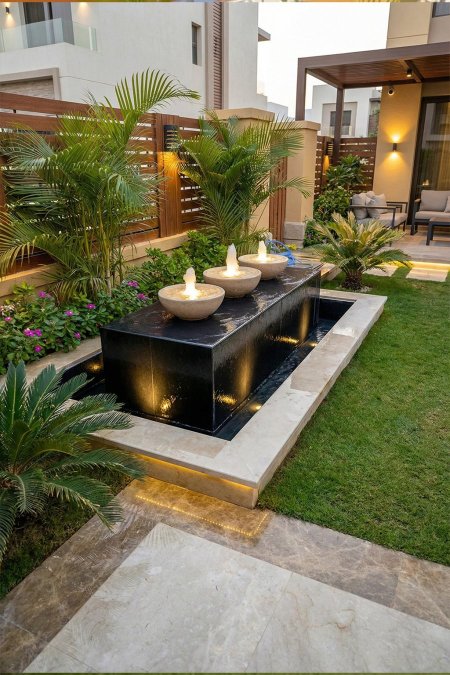 نافورة مودرن مستطيلة – 3 أوعية حجرية مع شلال وإضاءة LED